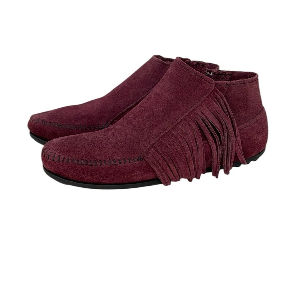 Minnetonka Booties Fringe Suede Ankle Boots Burgundy Red Size 6.5